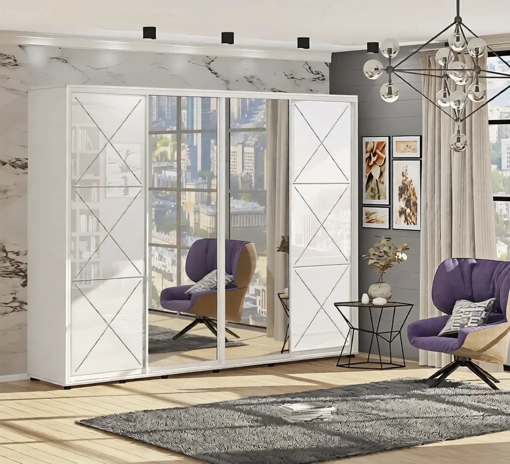 Schiebetürenschrank 300 cm "Provence" Hochglanz mit Spiegel 4-türig Weiß