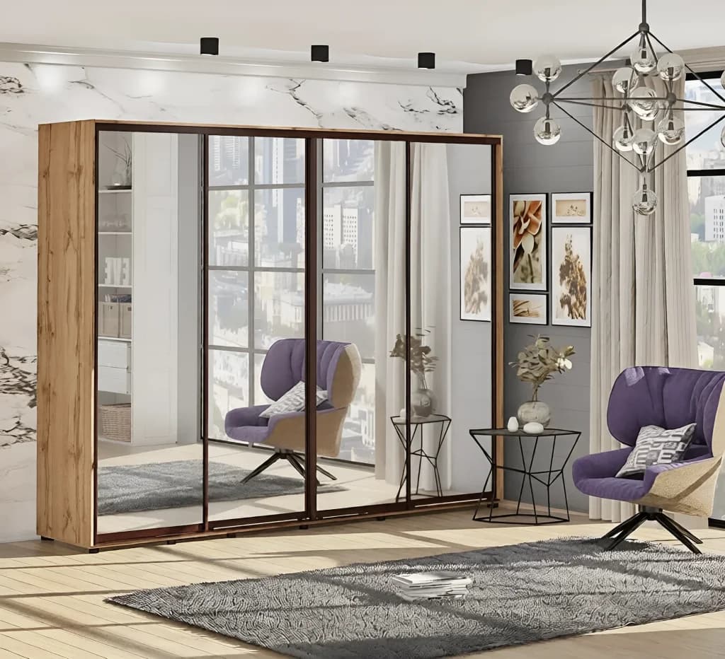 4m Wardrobe "Mirror" Four-Door Golden Oak