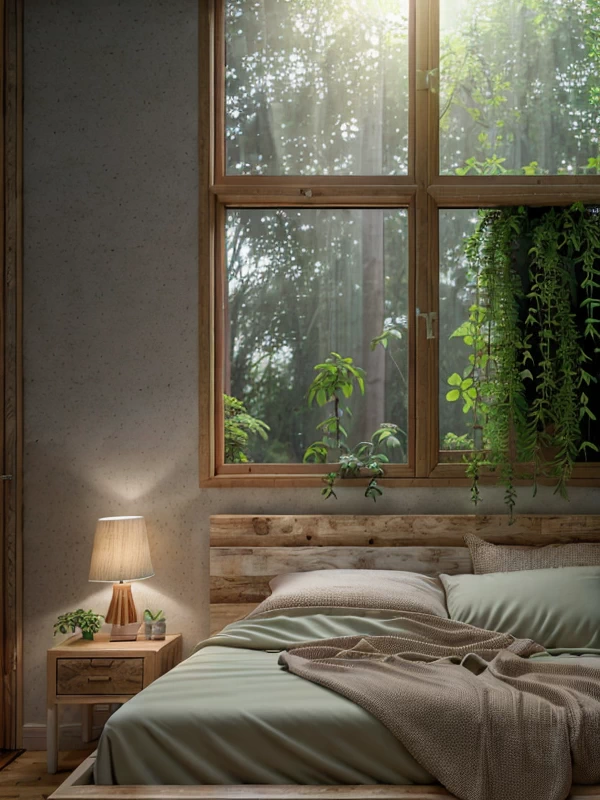 Деревянные кровати Eco-friendly bedroom, sustainably sourced wooden bed, greenery accents, natural light, photorealistic, 8K resolution, RAW photo, mebeltops.com 016