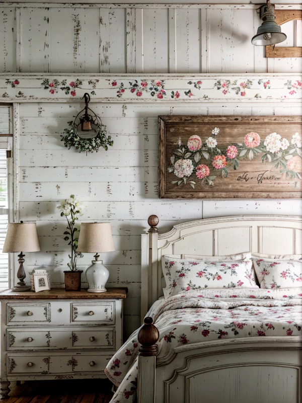 Деревянные кровати Farmhouse-style room, painted white wooden bed, floral bedding, vintage details, photorealistic, 8K resolution, RAW photo, sharp mebeltops.com 008