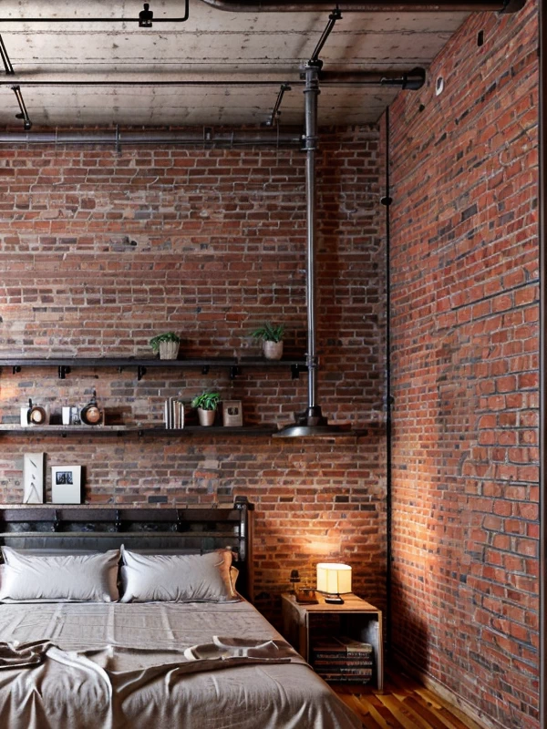 Деревянные кровати Industrial loft bedroom, wooden platform bed, exposed brick walls, modern touches, photorealistic, 8K resolution, RAW photo, sha mebeltops.com 010