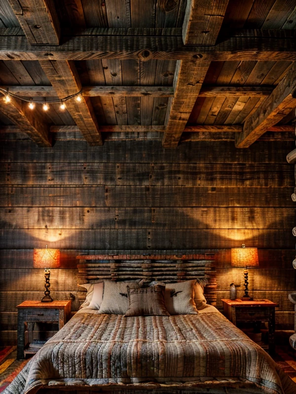 Деревянные кровати Rustic bedroom, reclaimed wood bed frame, cozy quilts, exposed beams, warm lighting, photorealistic, 8K resolution, RAW photo, s mebeltops.com 002