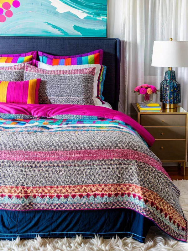 Как выбрать двуспальную кровать Chic bedroom, double bed with colorful bedding, patterned rug, modern art decor, photorealistic, 8K resolution, RAW photo, sharp mebeltops.com 018