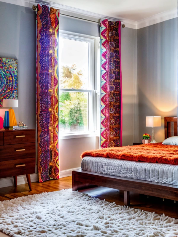 Как выбрать двуспальную кровать Chic bedroom, double bed with colorful bedding, patterned rug, modern art decor, photorealistic, 8K resolution, RAW photo, sharp mebeltops.com 019