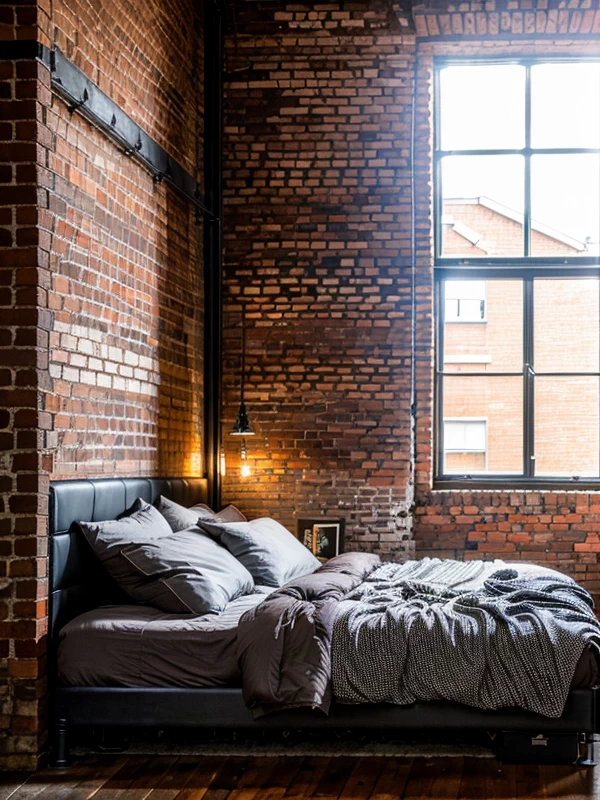 Как выбрать двуспальную кровать Industrial loft bedroom, metal-framed double bed, exposed brick walls, moody lighting, photorealistic, 8K resolution, RAW photo, mebeltops.com 016