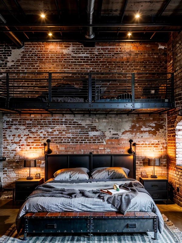 Как выбрать двуспальную кровать Industrial loft bedroom, metal-framed double bed, exposed brick walls, moody lighting, photorealistic, 8K resolution, RAW photo, mebeltops.com 017