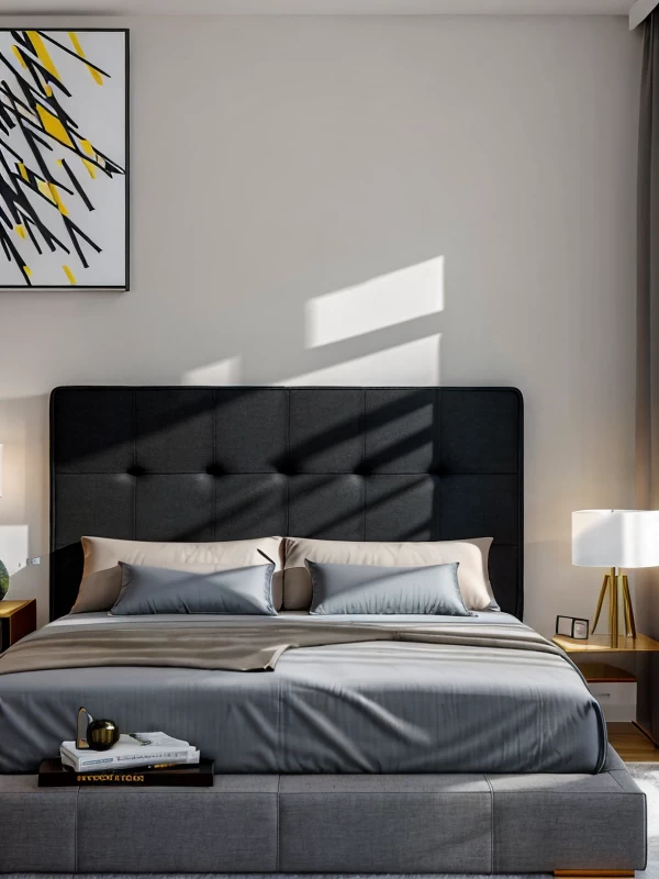 Как выбрать двуспальную кровать Modern apartment, double bed with upholstered headboard, abstract wall art, sleek furniture, photorealistic, 8K resolution, RAW mebeltops.com 007