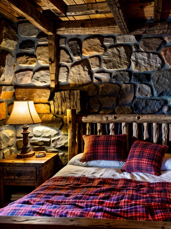 Как выбрать двуспальную кровать Rustic bedroom, wooden double bed, plaid bedding, stone wall, cozy lighting, photorealistic, 8K resolution, RAW photo, sharp foc mebeltops.com 004