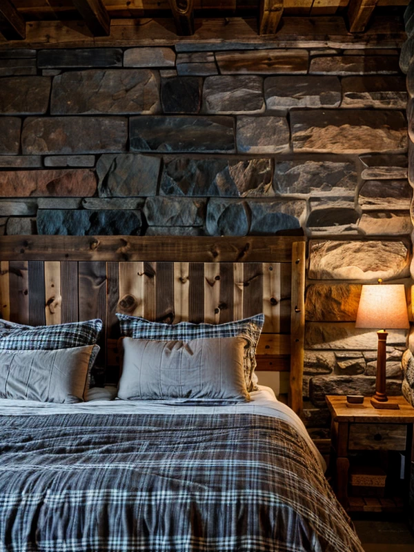 Как выбрать двуспальную кровать Rustic bedroom, wooden double bed, plaid bedding, stone wall, cozy lighting, photorealistic, 8K resolution, RAW photo, sharp foc mebeltops.com 005