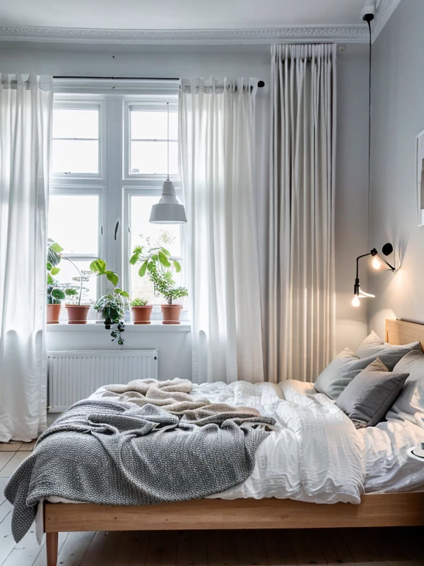 Как выбрать двуспальную кровать Scandinavian-style bedroom, light wood double bed, white linens, greenery accents, photorealistic, 8K resolution, RAW photo, sha mebeltops.com 010