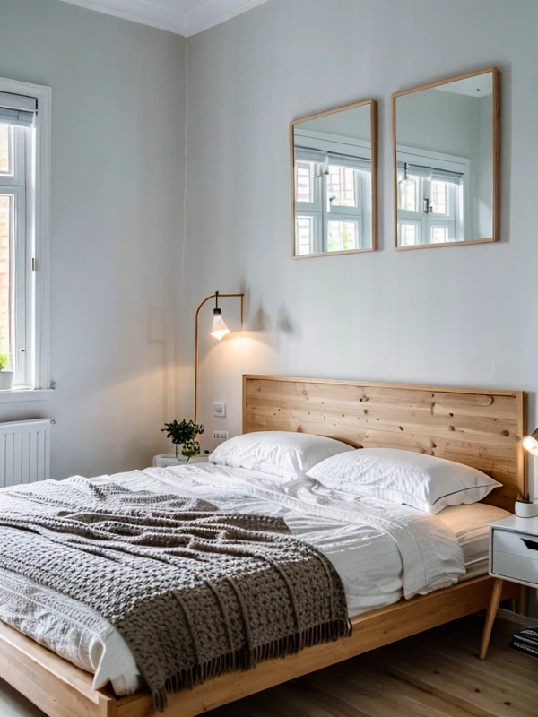 Как выбрать двуспальную кровать Scandinavian-style bedroom, light wood double bed, white linens, greenery accents, photorealistic, 8K resolution, RAW photo, sha mebeltops.com 011