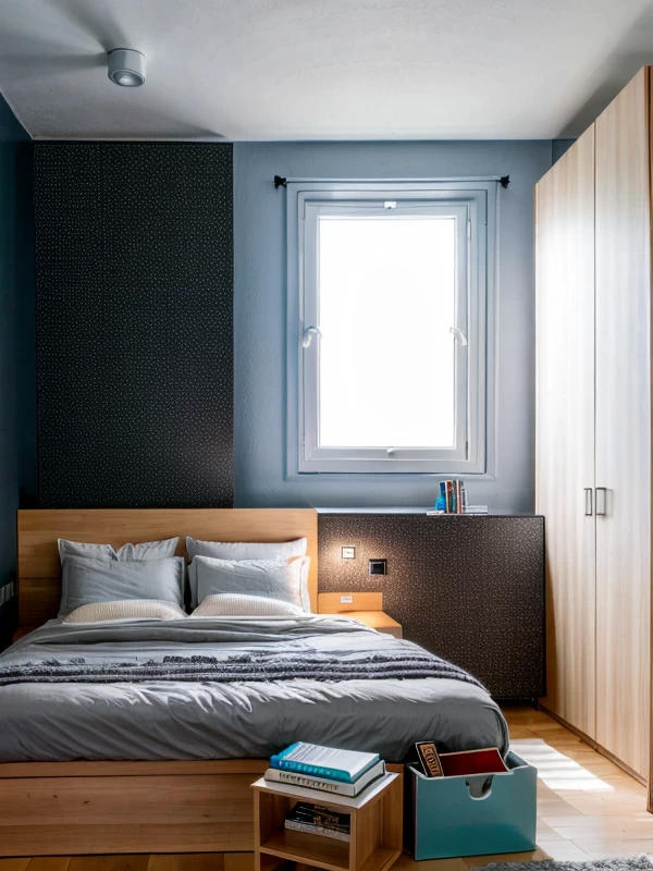 Как выбрать двуспальную кровать Small bedroom, space-saving double bed, smart storage, minimalist decor, photorealistic, 8K resolution, RAW photo, sharp focus, mebeltops.com 009