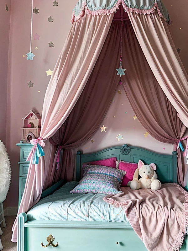 балдахин в спальню Child’s bedroom, fairy-tale style canopy bed, pastel colors, playful decor, stuffed animals, photorealistic, 8K resolution, RAW mebeltops.com 010