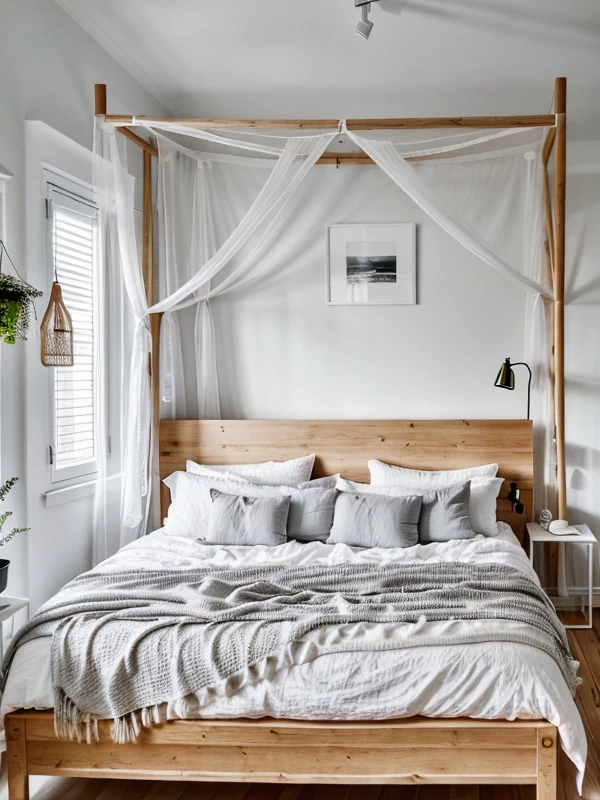балдахин в спальню Scandinavian bedroom, white sheer canopy, light wood furniture, airy design, minimalism, photorealistic, 8K resolution, RAW phot mebeltops.com 013