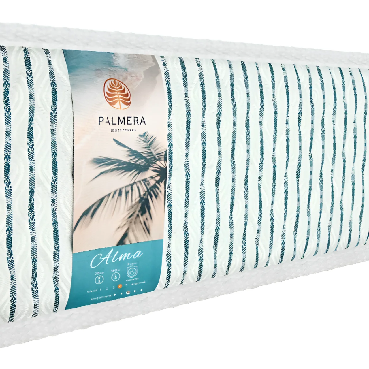 Скрученный в рулон матрас Palmera Alma с белым чехлом в синюю полоску, готовый к доставке и комфортному сну.