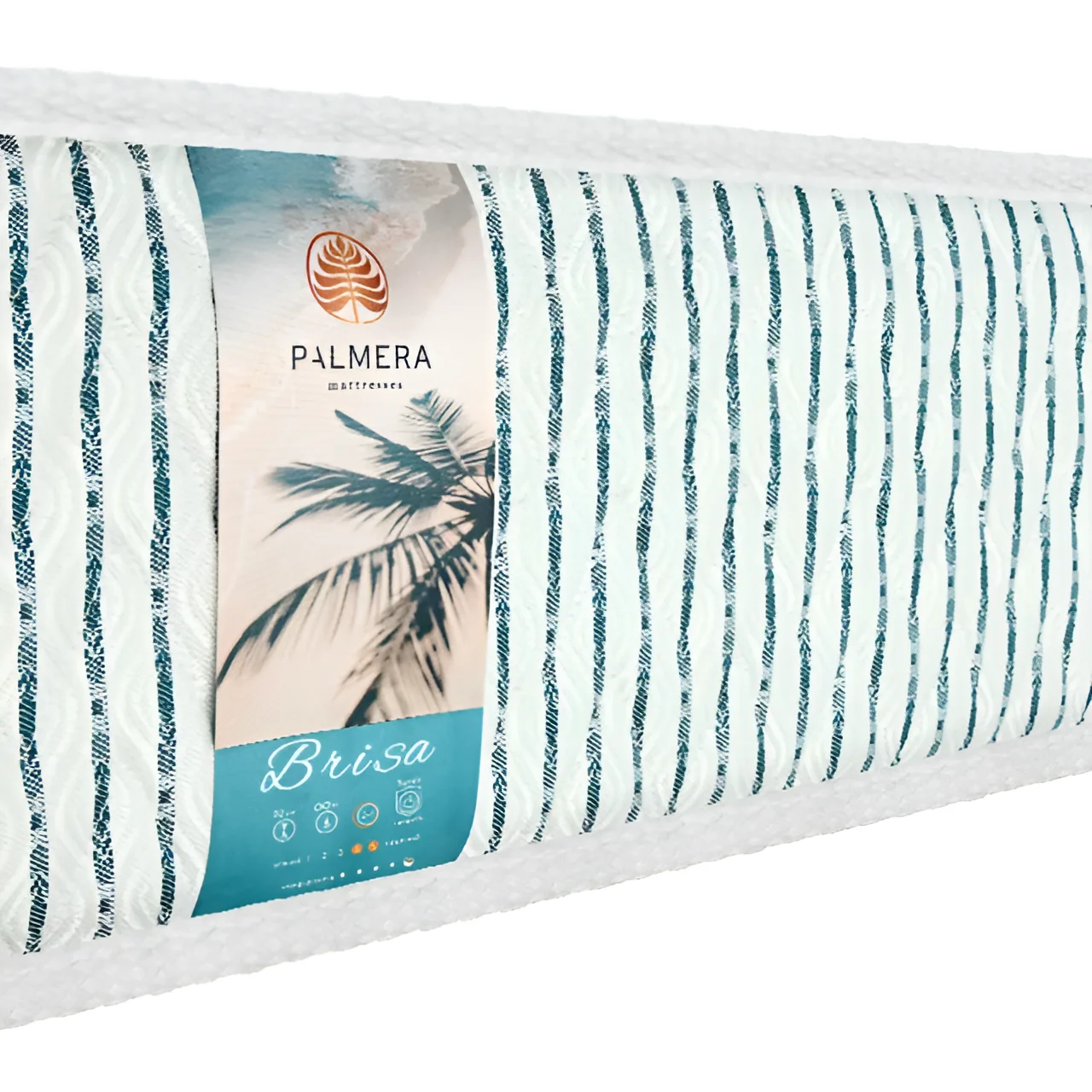 Матрас Palmera Brisa с сине-белым узором, сложенный в рулон, демонстрирует логотип и характеристики комфортного сна.