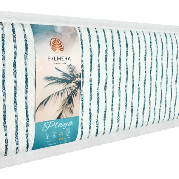 Матрац Palmera Playa з білою текстурованою тканиною та блакитними смугами, ідеальний для здорового та комфортного сну.