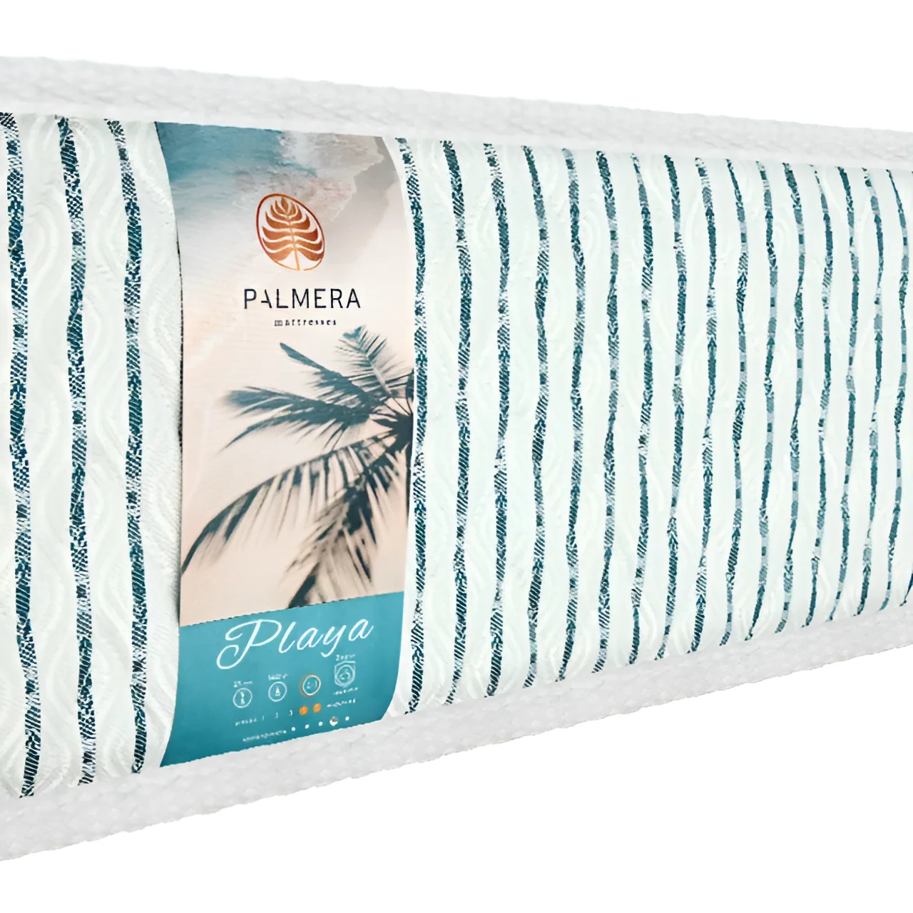 Матрац Palmera Playa з білою текстурованою тканиною та блакитними смугами, ідеальний для здорового та комфортного сну.