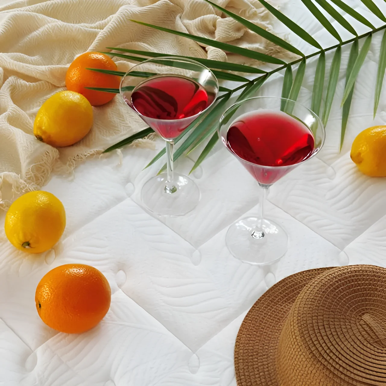 Матрас Palmera Playa: уютная белая поверхность с цитрусами, бокалами и шляпой, создающая атмосферу летнего отдыха и комфорта.