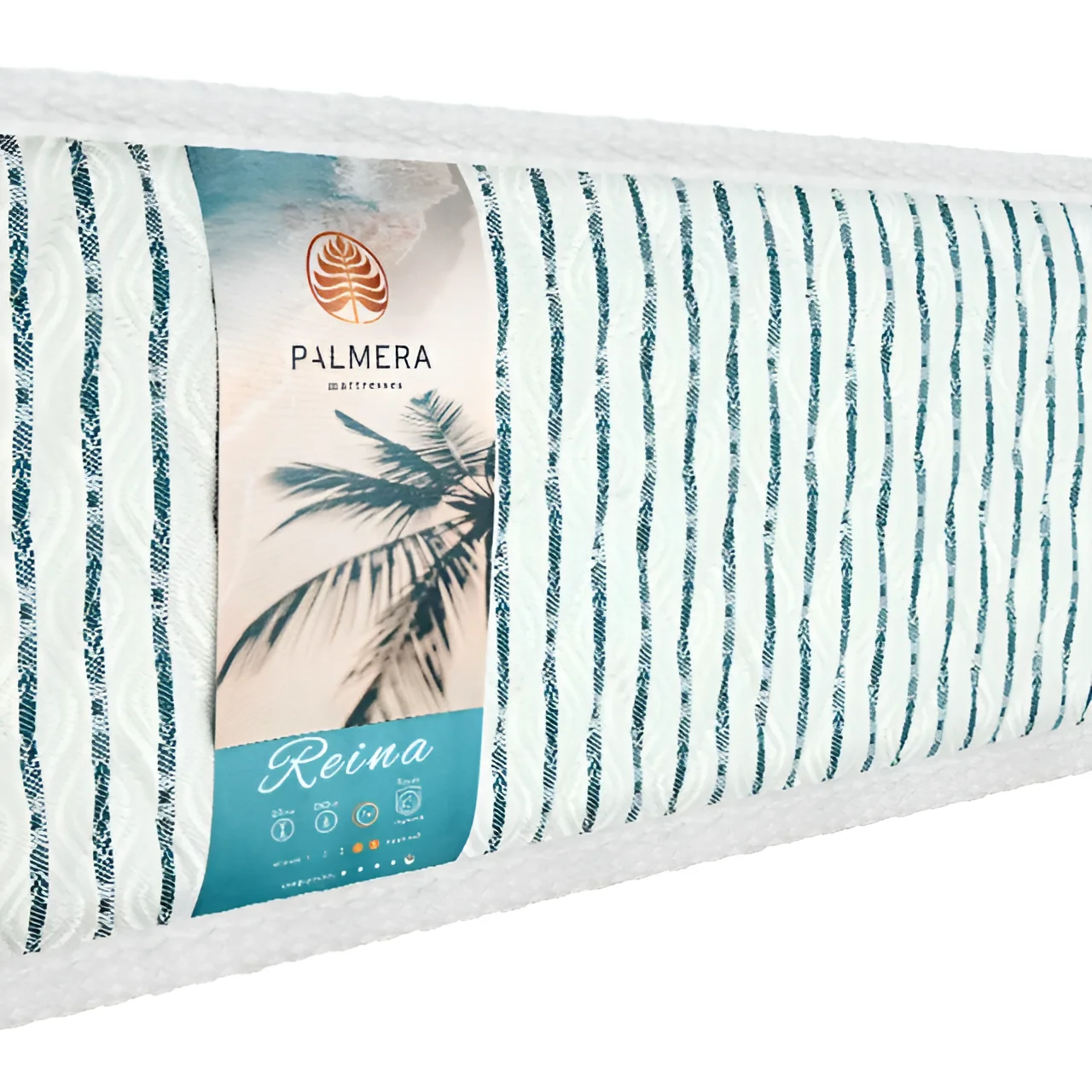Матрац Palmera Reina, білий з синіми смугами, на білому фоні, з логотипом та інформацією про характеристики.