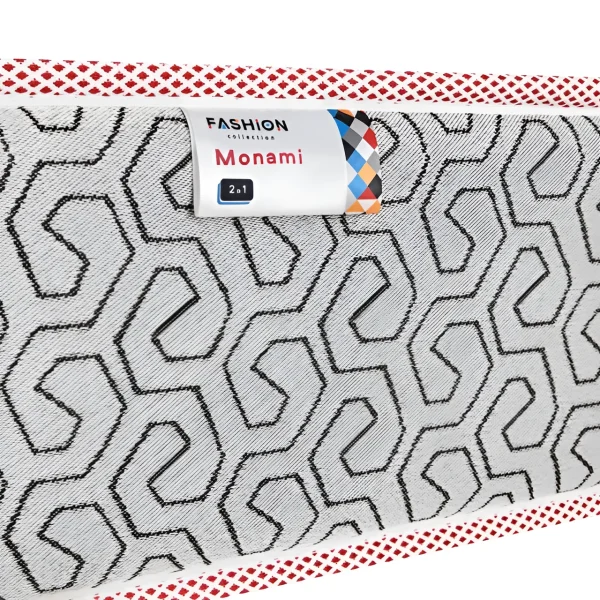 Стильная серая скатерть Fashion Monami с геометрическим узором и яркой красной окантовкой, идеально подходит для современной кухни.