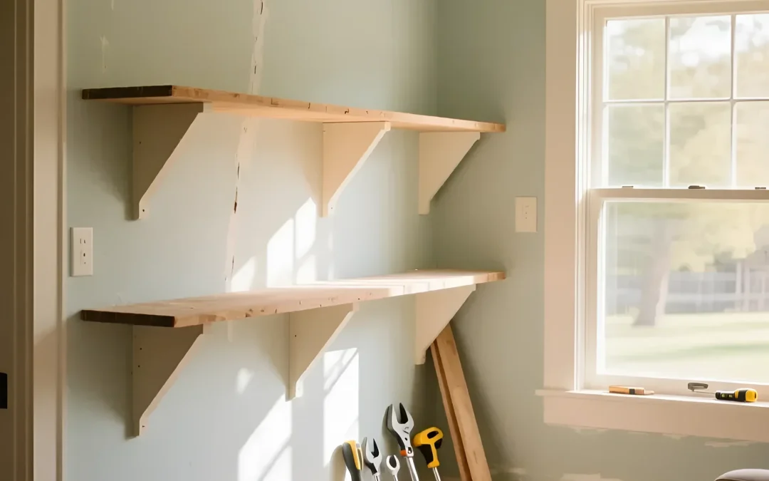 Фотография демонстрирует незавершенный монтаж полок на неровной стене с отслоившейся краской. Иллюстрация к статье об ошибках при установке полок.