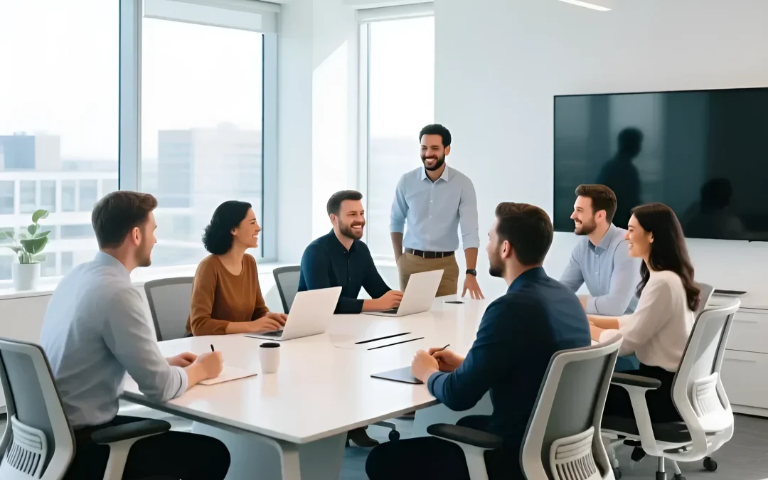 Фотография современной переговорной комнаты с панорамными окнами. Команда обсуждает проект, демонстрируя комфорт и функциональность офисной мебели.