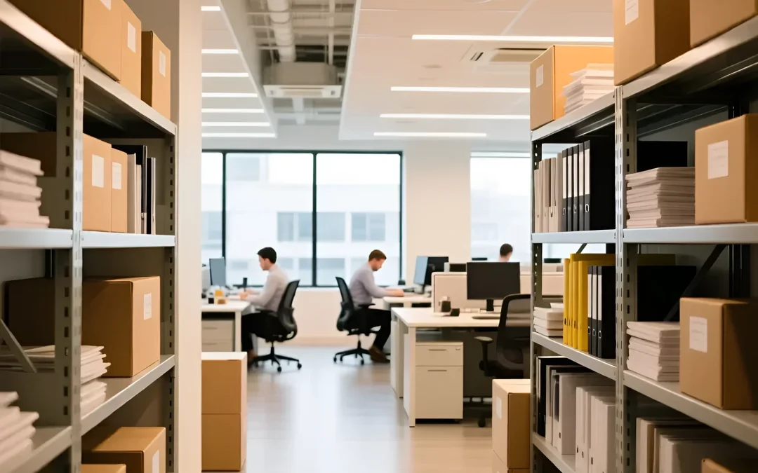 Фотография современного офиса с рядами стеллажей, заполненных документами и коробками, демонстрирует важность организации рабочего пространства для продуктивности.