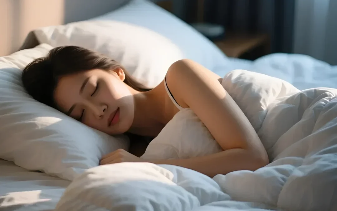 Фотография спящей девушки под белым одеялом, иллюстрирующая комфорт и важность качественного выбора постельных принадлежностей для здорового сна.