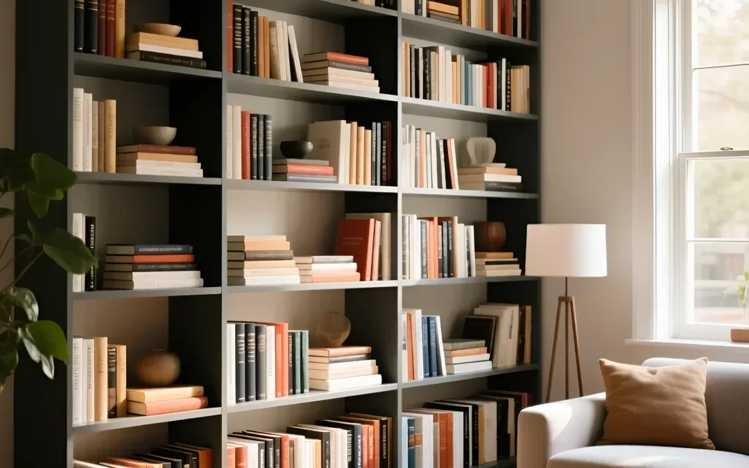 Фотография современного книжного шкафа-стеллажа в интерьере гостиной. Идеальное решение для хранения книг и создания уютной атмосферы.