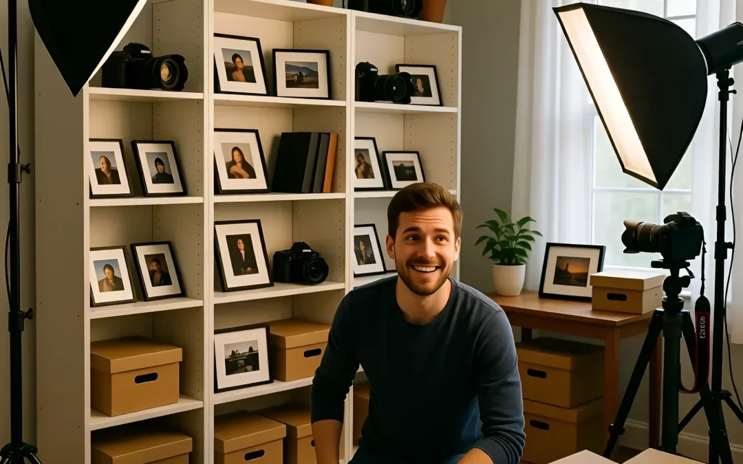 Фотография домашней фотостудии с белыми стеллажами, заполненными фотокамерами, портретами и аксессуарами. Фотограф улыбается, демонстрируя организованное рабочее пространство.