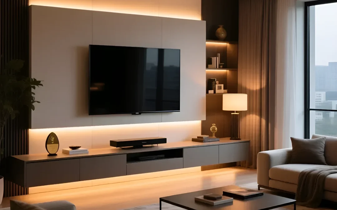 Современная гостиная с длинной тумбой под телевизор, акцентной LED-подсветкой и нейтральной цветовой палитрой. Идеальное решение для стильного интерьера.