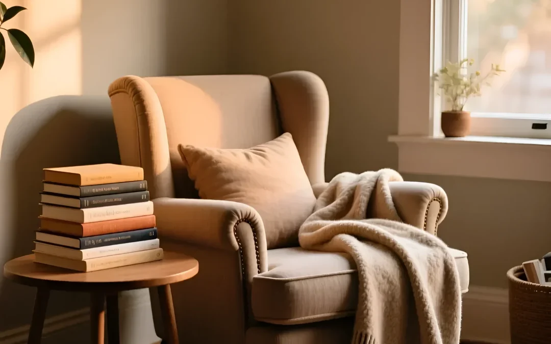 Уютное кресло для чтения бежевого цвета с книгами и пледом, залитое мягким солнечным светом. Идеальное место для релаксации и чтения.