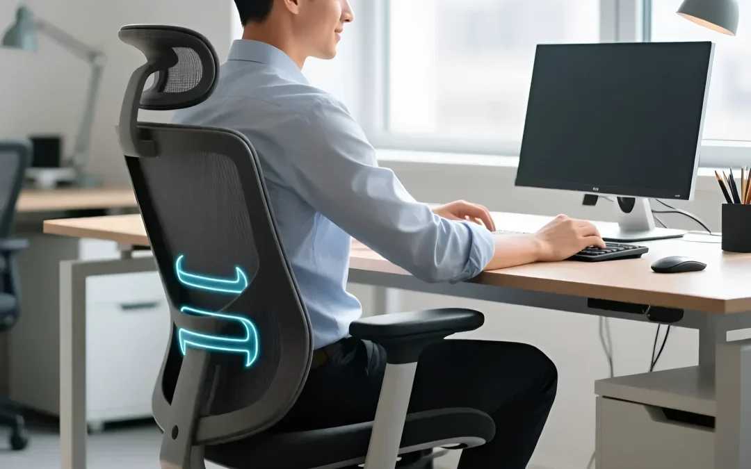 Современное офисное кресло с высокой спинкой и поясничной поддержкой, демонстрирующее правильную осанку и комфорт при работе за компьютером.