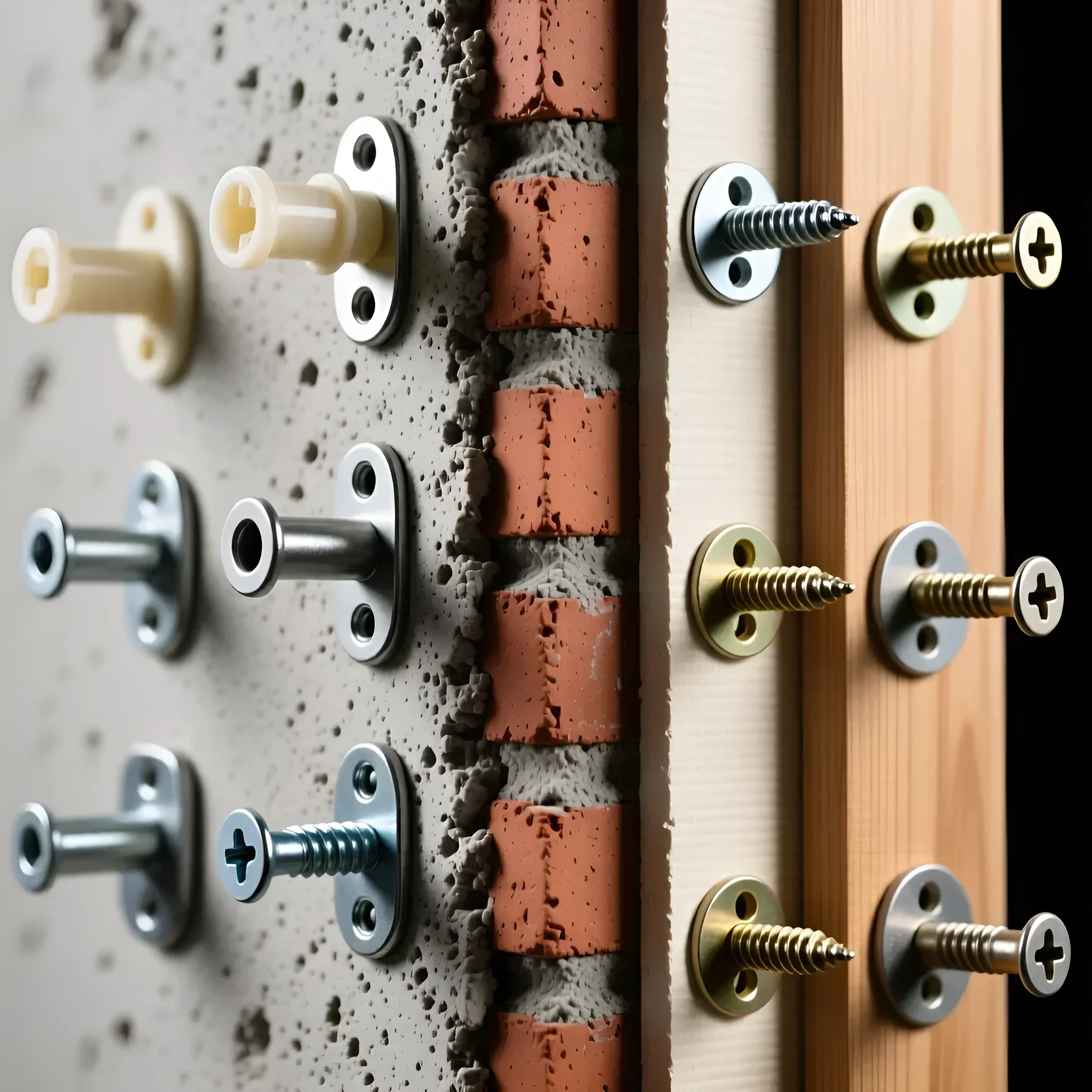 Иллюстрация различных видов крепежа для стен: дюбели для бетона, кирпича и саморезы для дерева. Подбор крепежа для полок.