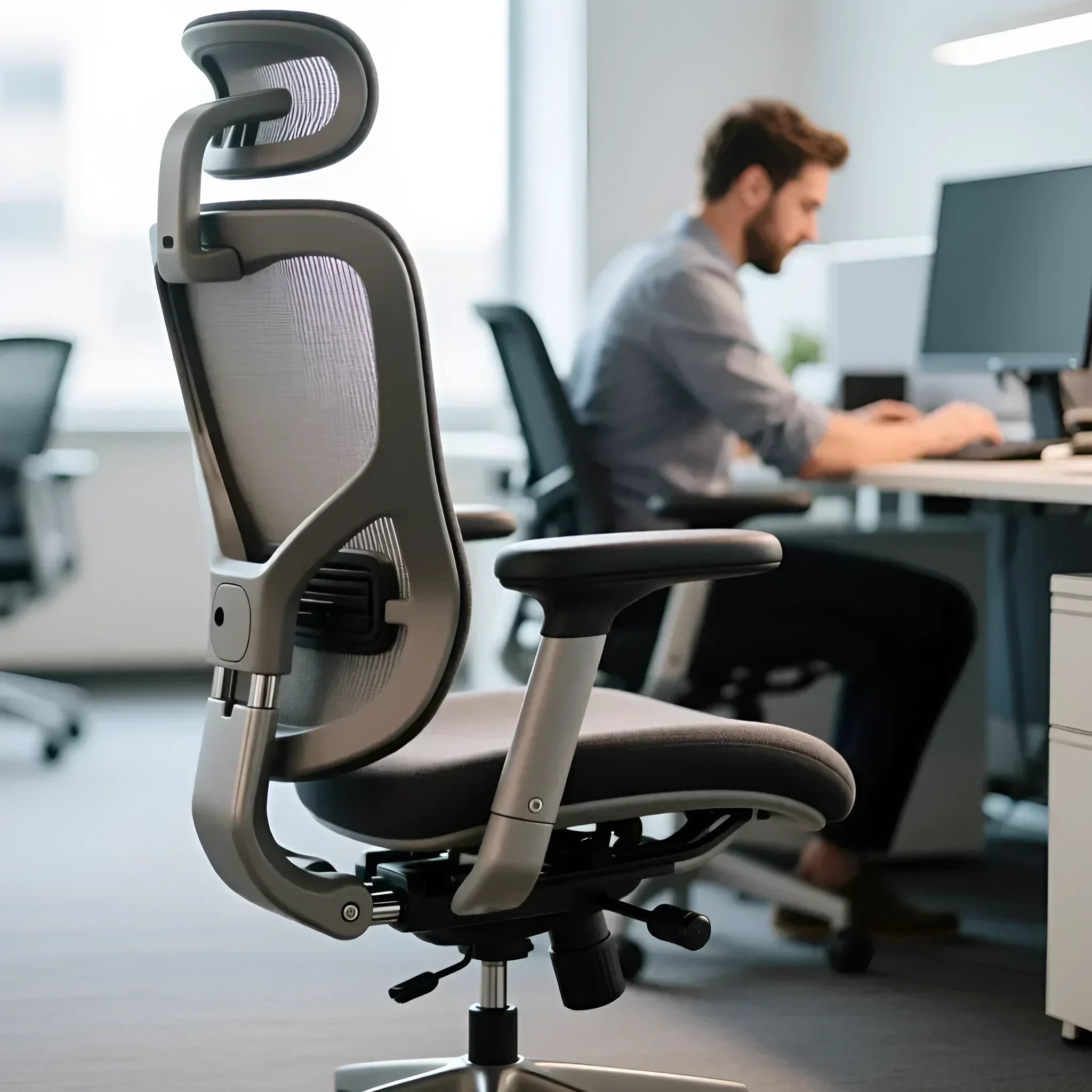 Современное офисное кресло с сетчатой спинкой, обеспечивающее поддержку позвоночника. Идеально для продуктивной работы и здоровья спины.