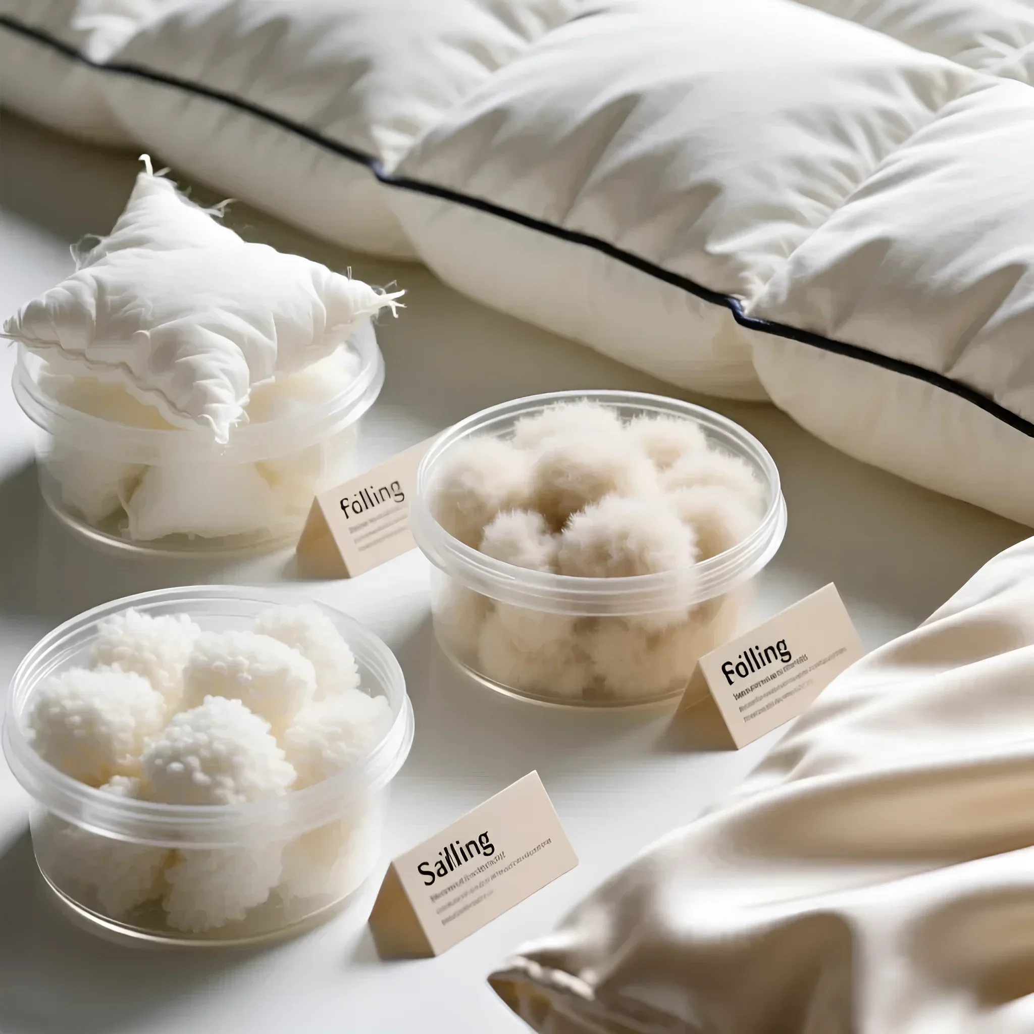 Фотография демонстрирует различные типы наполнителей для одеял: пух, перо и синтетическое волокно в прозрачных контейнерах. Иллюстрация к статье об ошибках при выборе одеяла.