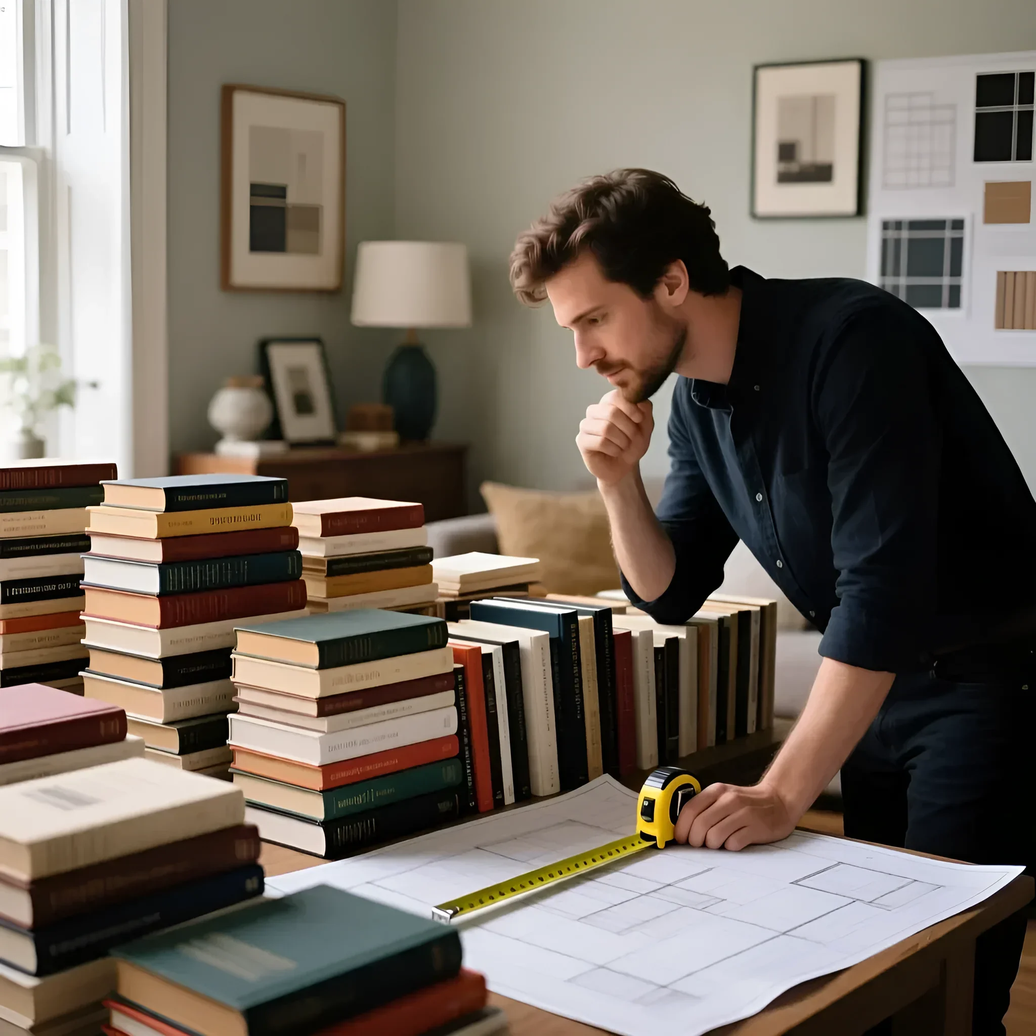 Фотография для статьи о выборе полок для книг: мужчина обдумывает дизайн книжного шкафа, окруженный стопками книг и чертежами.