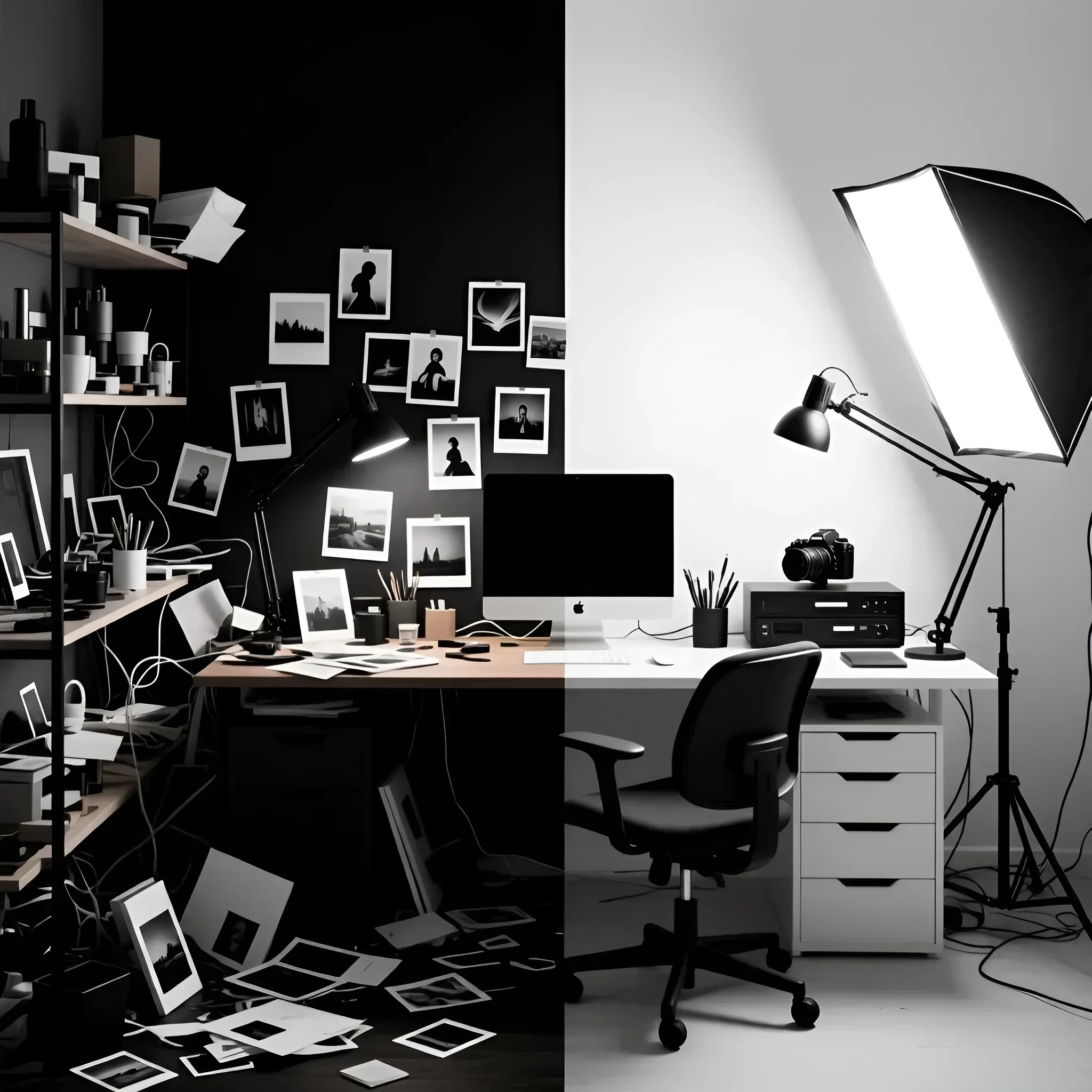 Контрастное изображение фотостудии, демонстрирующее влияние организации на рабочий процесс и вдохновение фотографа. Сравнение хаоса и порядка.