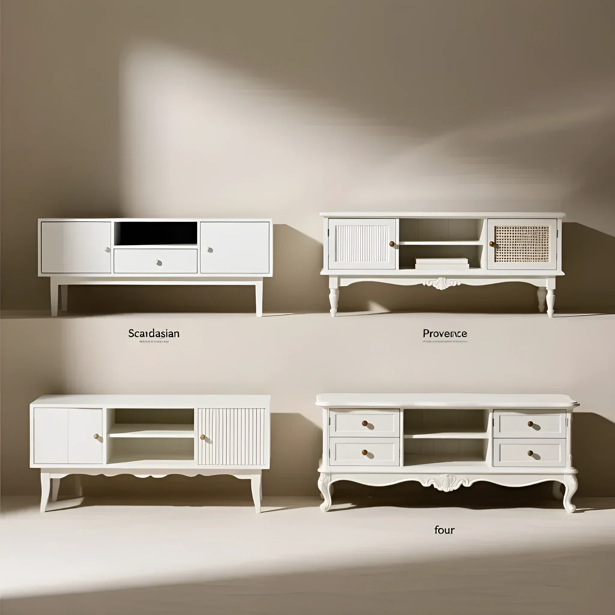 Коллаж из четырех белых ТВ-тумб в стилях Сканди, Прованс и современном, демонстрирующий разнообразие дизайна и функциональности для интерьера.