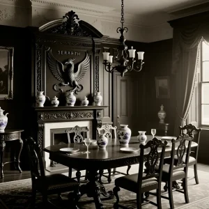 Фотография старинного серванта 'Serarth' в викторианском стиле, демонстрирующая возвращение ретро-моды в дизайн интерьеров. Элегантная обстановка столовой.