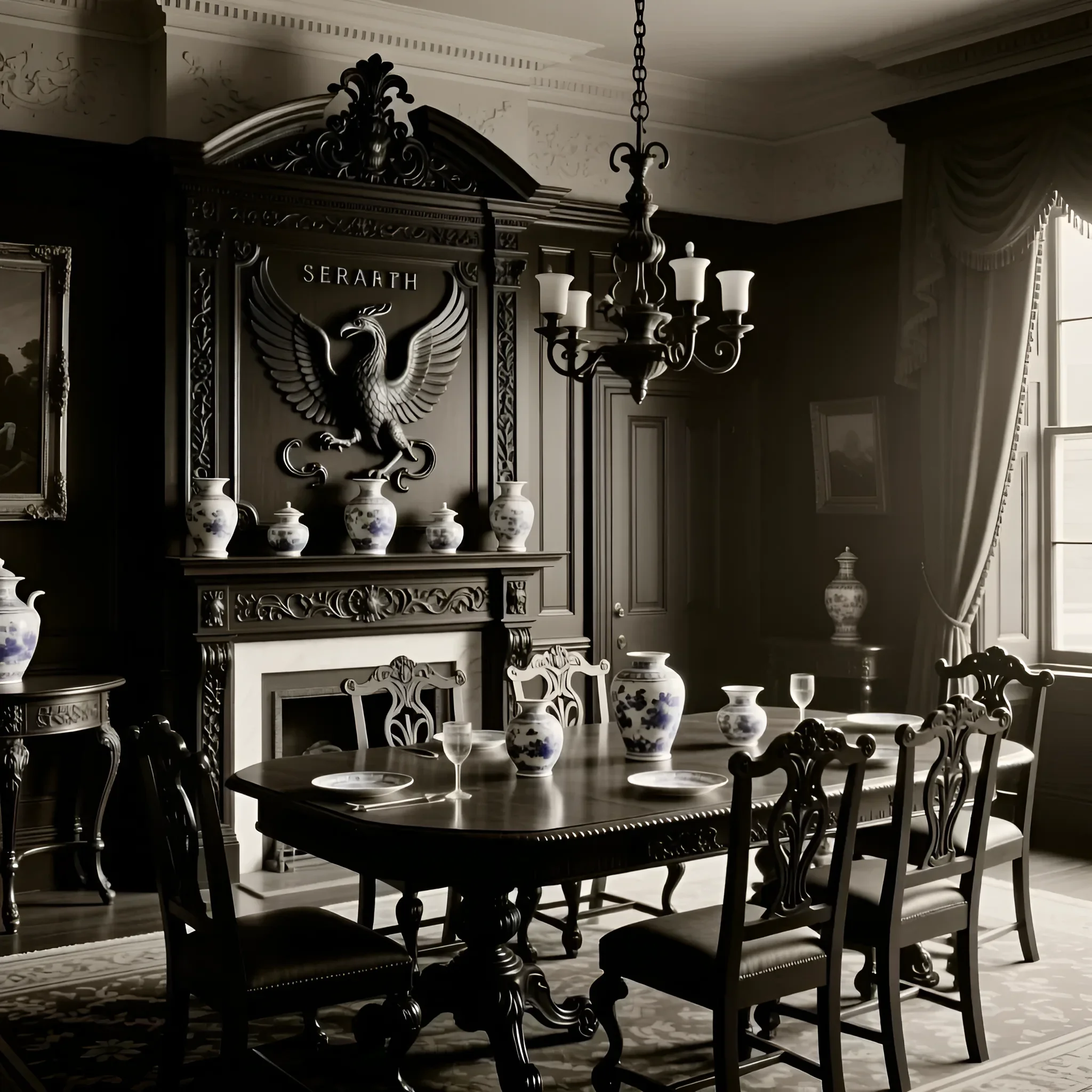 Фотография старинного серванта 'Serarth' в викторианском стиле, демонстрирующая возвращение ретро-моды в дизайн интерьеров. Элегантная обстановка столовой.