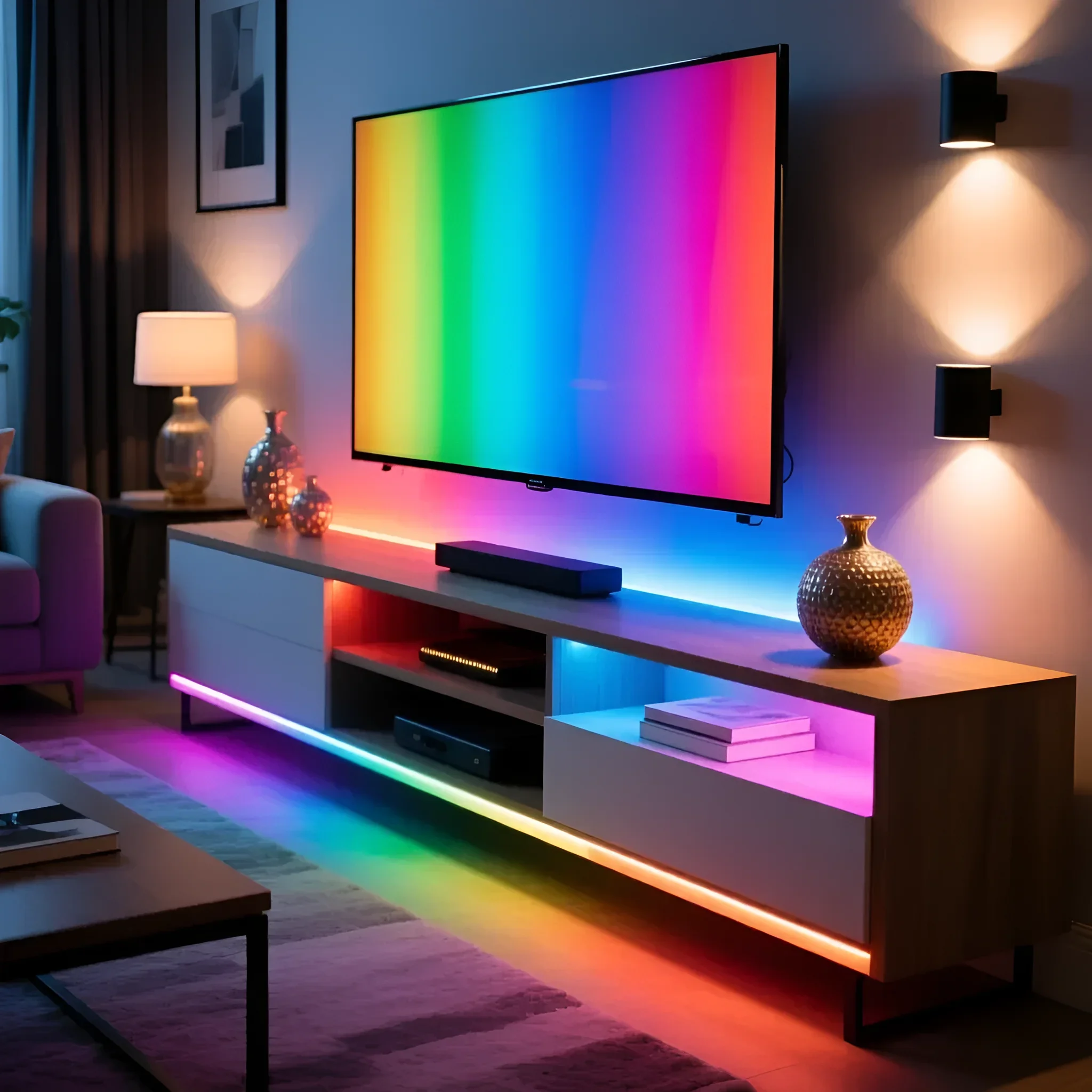Стильная тумба под телевизор с яркой RGB-подсветкой, создающая атмосферу современного домашнего кинотеатра. Идеальное решение для любителей эффектного дизайна.