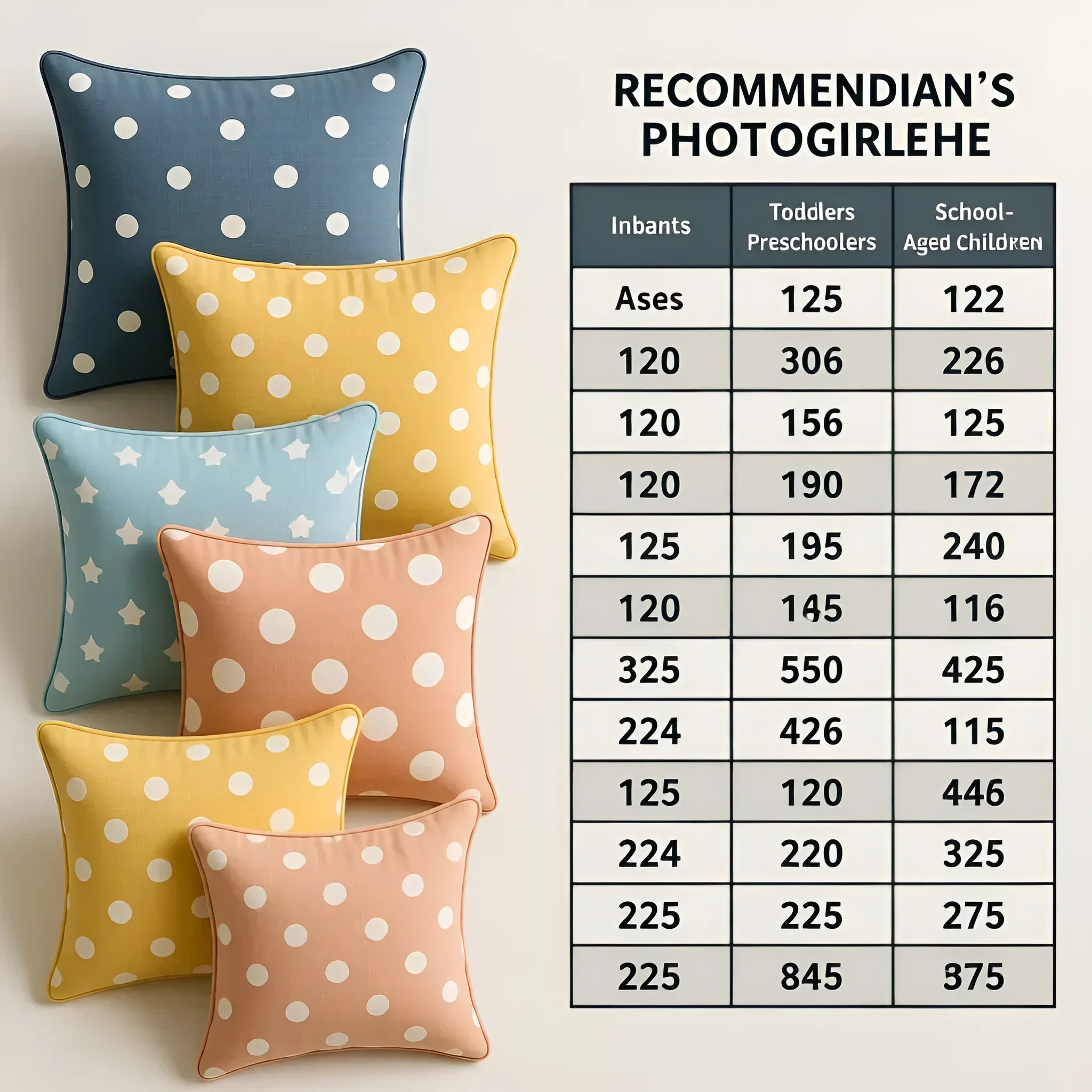 Изображение с подборкой детских подушек в пастельных тонах и таблицей размеров для младенцев, дошкольников и школьников.