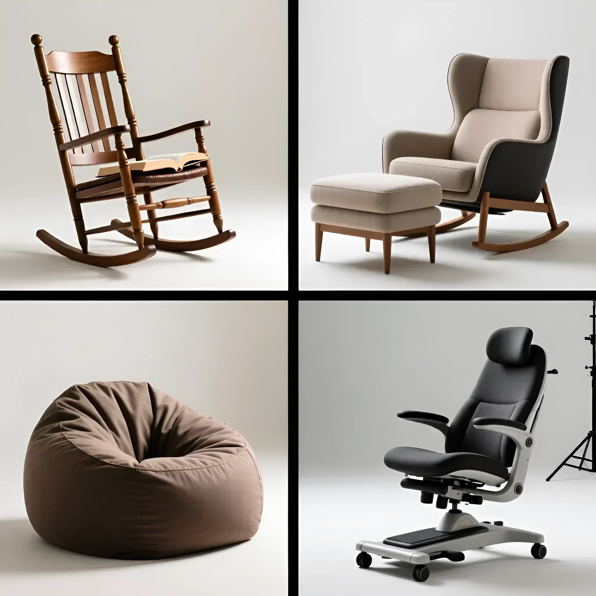 Коллаж из четырех кресел для чтения: кресло-качалка, кресло с подставкой для ног, кресло-мешок и эргономичное кресло. Идеально для релаксации и чтения.