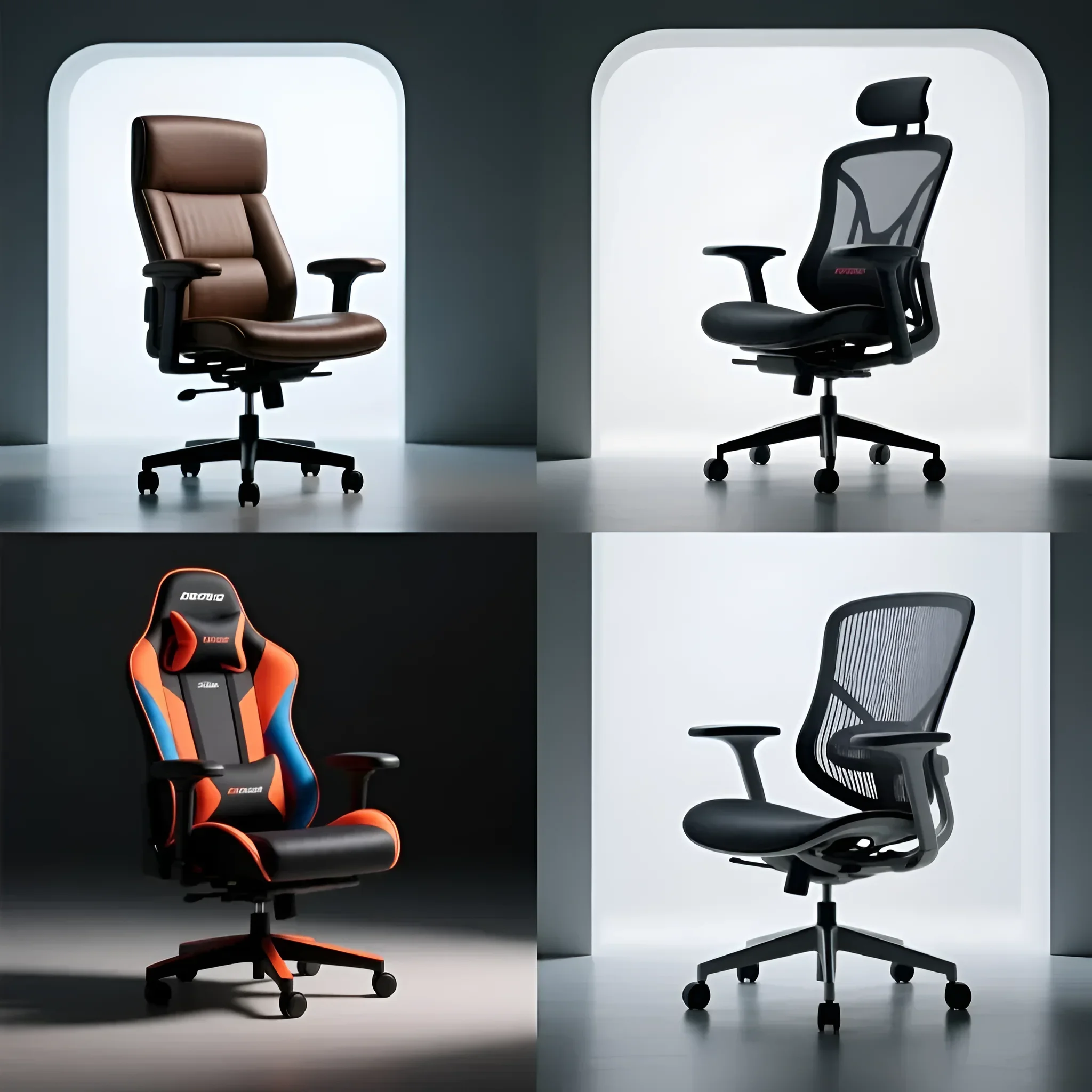 Коллаж из четырех офисных кресел разных стилей: классическое, эргономичное, геймерское и сетчатое. Идеально для статьи о выборе кресла.