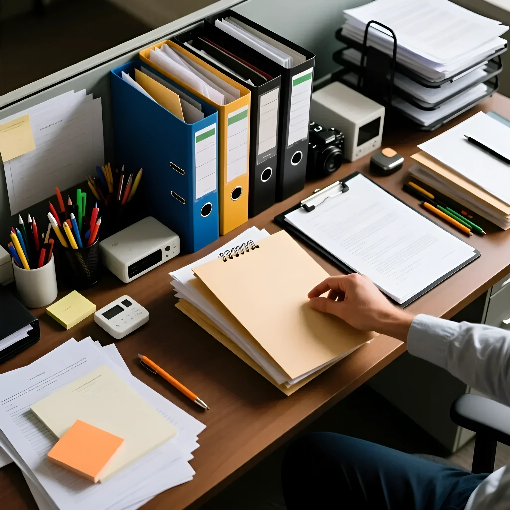 Фотография рабочего стола, заваленного документами, подчеркивает необходимость в эффективных системах хранения и стеллажах для офиса.