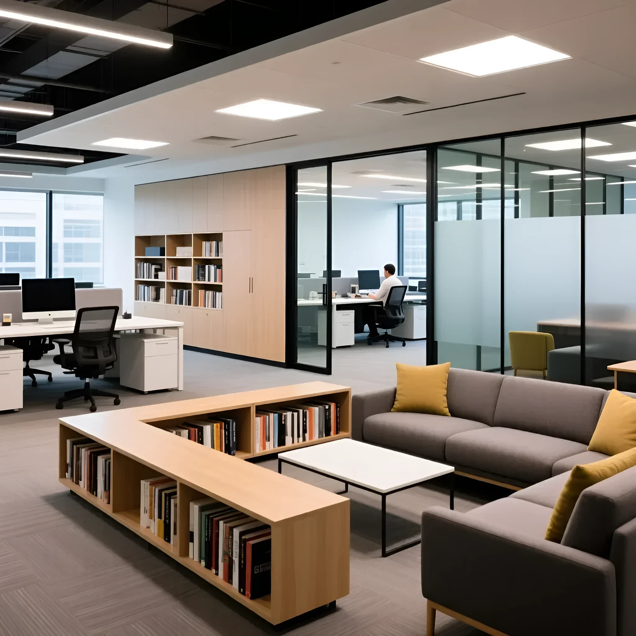 Современный офисный интерьер с использованием книжных стеллажей для зонирования пространства и создания уютной зоны отдыха с серым диваном.