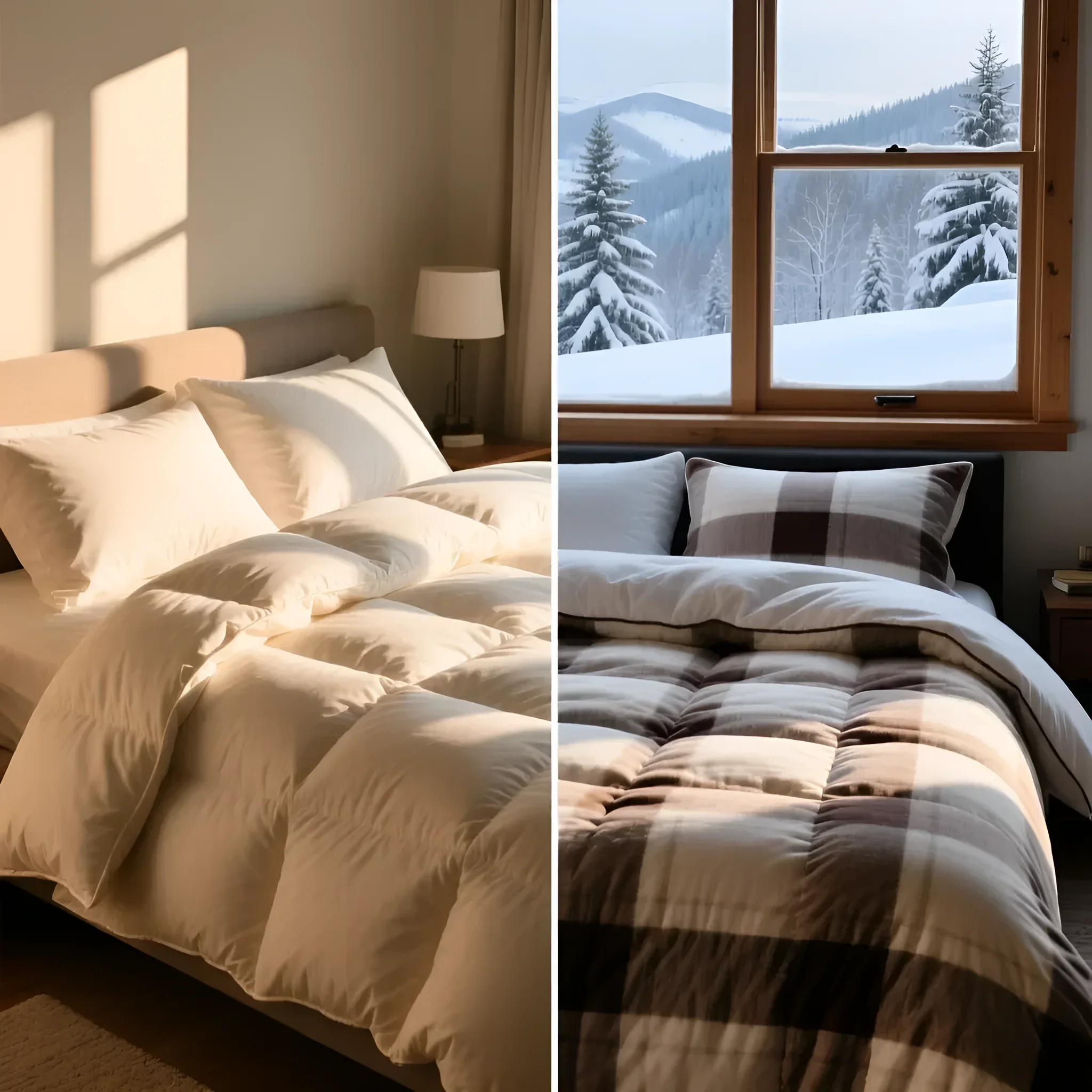 Фотография демонстрирует разницу между легким летним одеялом и теплым зимним, подчеркивая важность выбора сезонности при покупке. Идеально для статьи об ошибках.