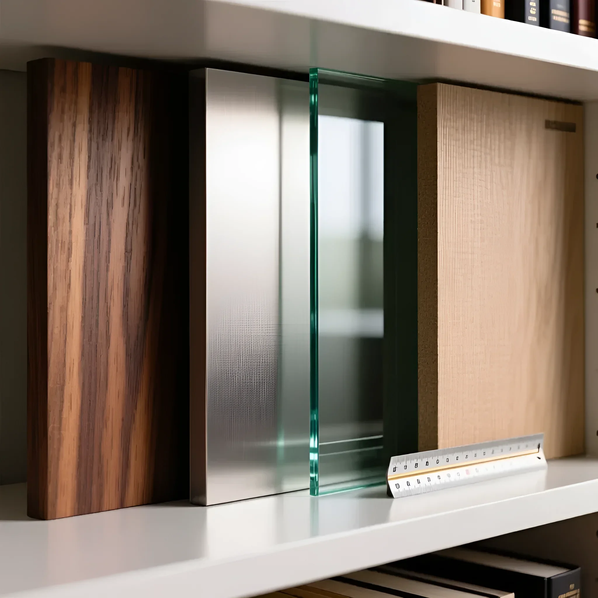 Изображение демонстрирует стильные книжные полки из разных материалов: дерева, металла и стекла. Идеально для статьи о выборе полок.